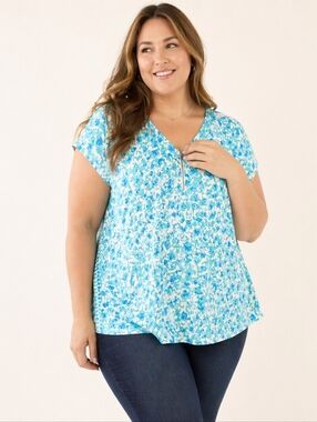Tahari 2X Aqua Blue Abstract Floral Zip Neck Top Stretch Cap Sleeve Blouse